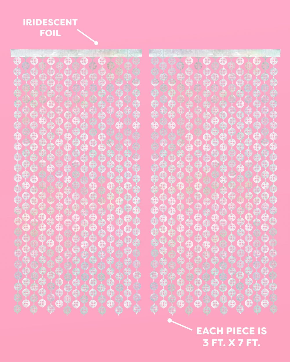Disco ball curtain infographic labeled iridescent foil, each piece 3 ft x 7 ft