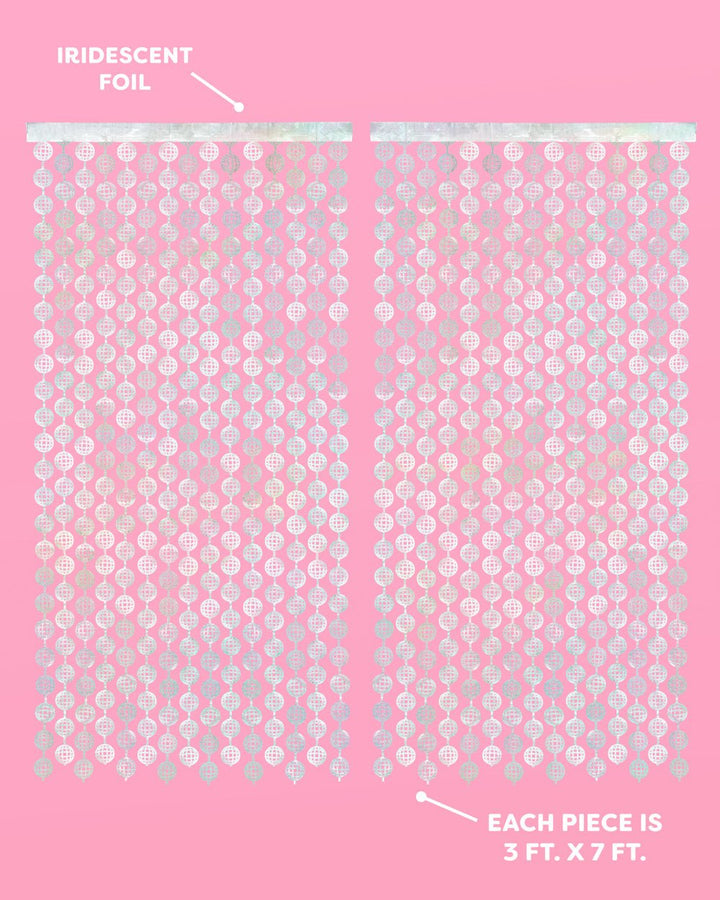 Disco ball curtain infographic labeled iridescent foil, each piece 3 ft x 7 ft