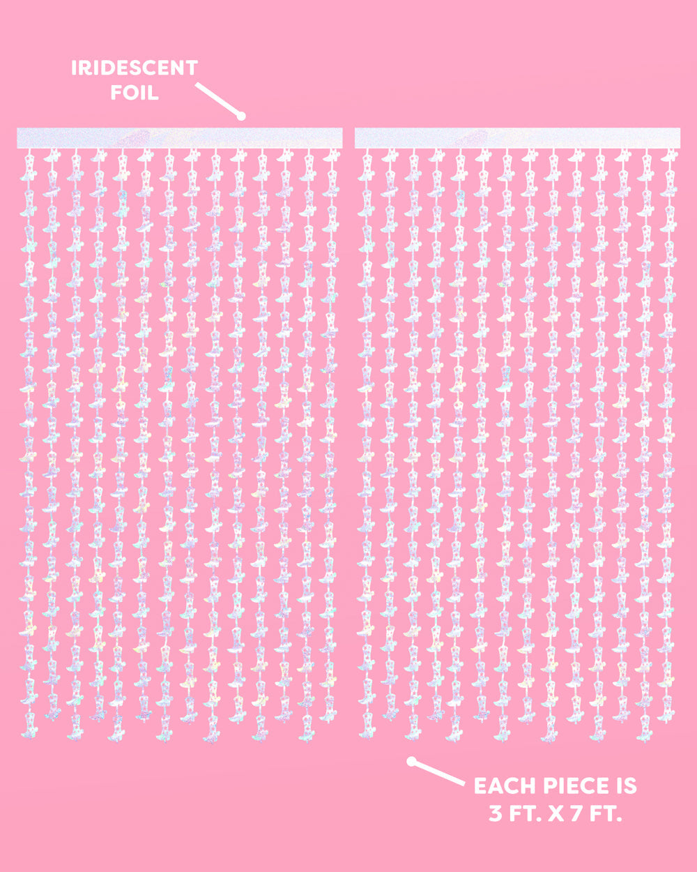 Cowgirl boot curtain infographic showing two iridescent foil panels, each piece 3 ft x 7 ft