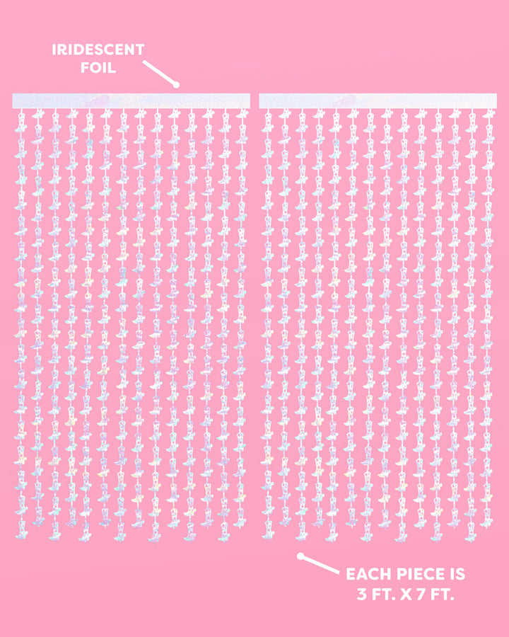 Cowgirl boot curtain infographic showing two iridescent foil panels, each piece 3 ft x 7 ft