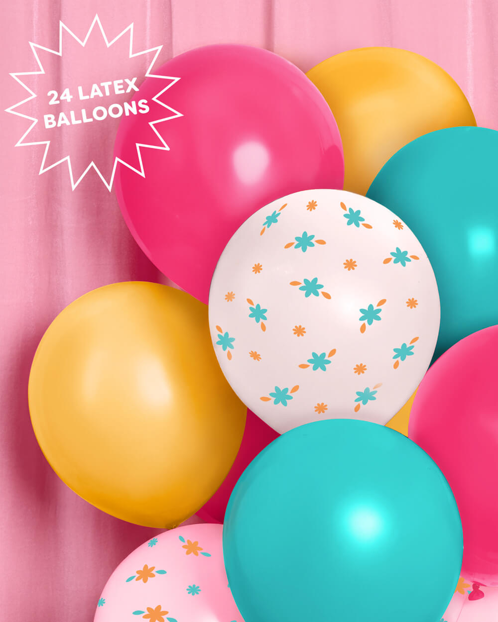 Bunch of Italian summer latex balloons in white, blue, pink, red, and yellow with a floral print