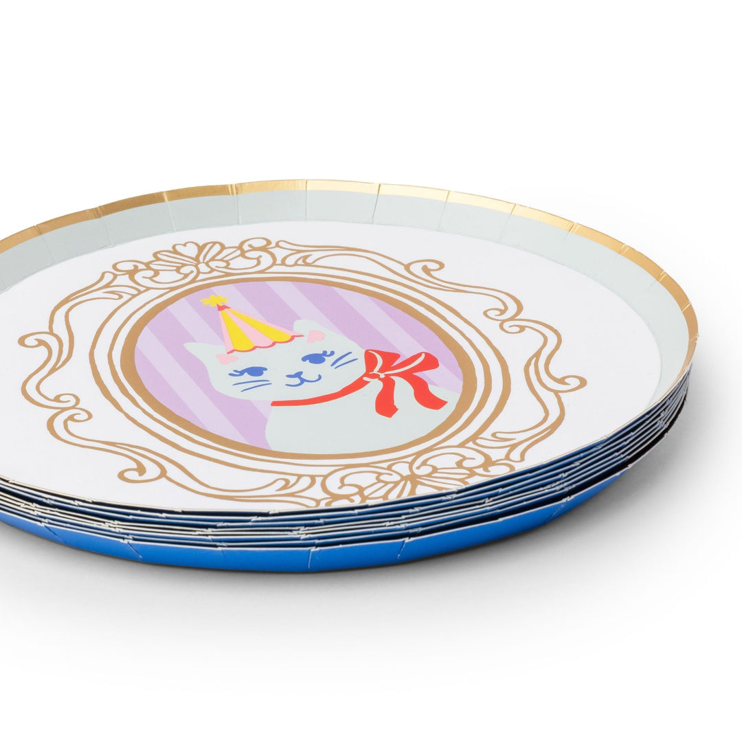 Stack of kitty cat cameo party plates showing the blue-rimmed design