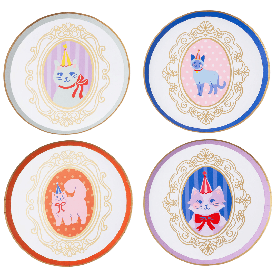 Kitty cat small party plates with pastel cats in gold cameo frames for a cat birthday party