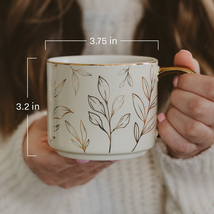 Gold handle mug dimension graphic showing 3.20 inch height and 5.45 inch width with handle