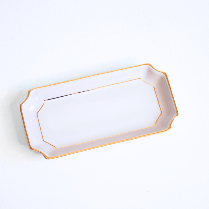 Lavender fog petite valet tray with gold trim on a white studio backdrop, a gentle Mother's Day gift