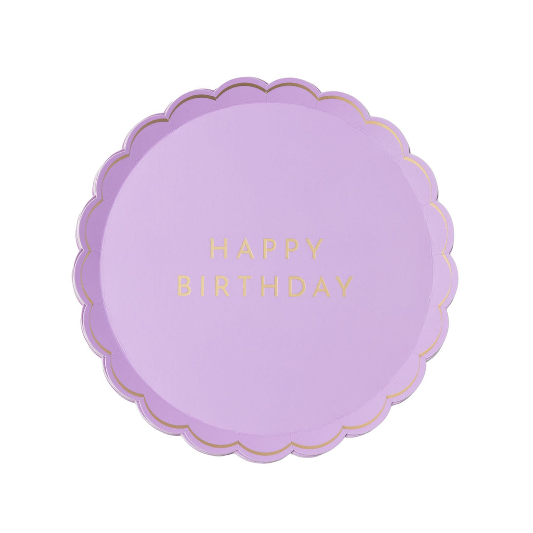 Lilac scalloped Happy Birthday small plates with gold foil lettering for a pastel birthday party