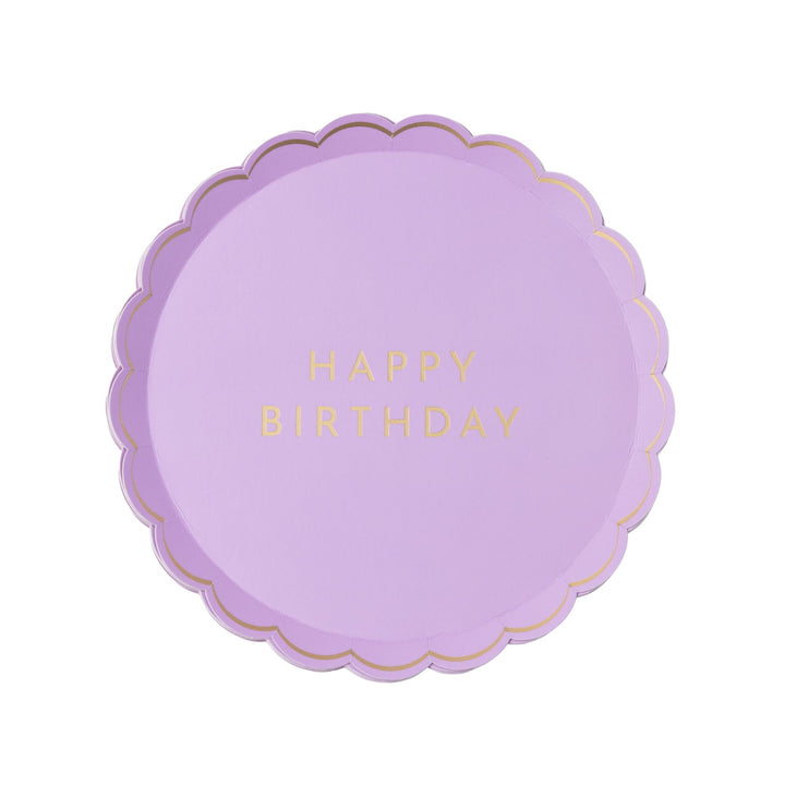 Lilac scalloped Happy Birthday small plates with gold foil lettering for a pastel birthday party