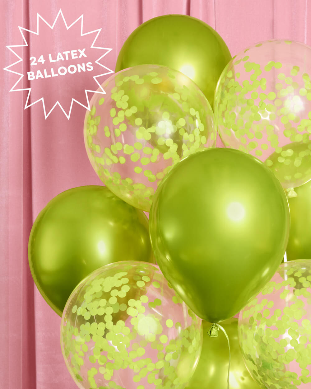Close-up of clear latex balloons filled with lime green confetti