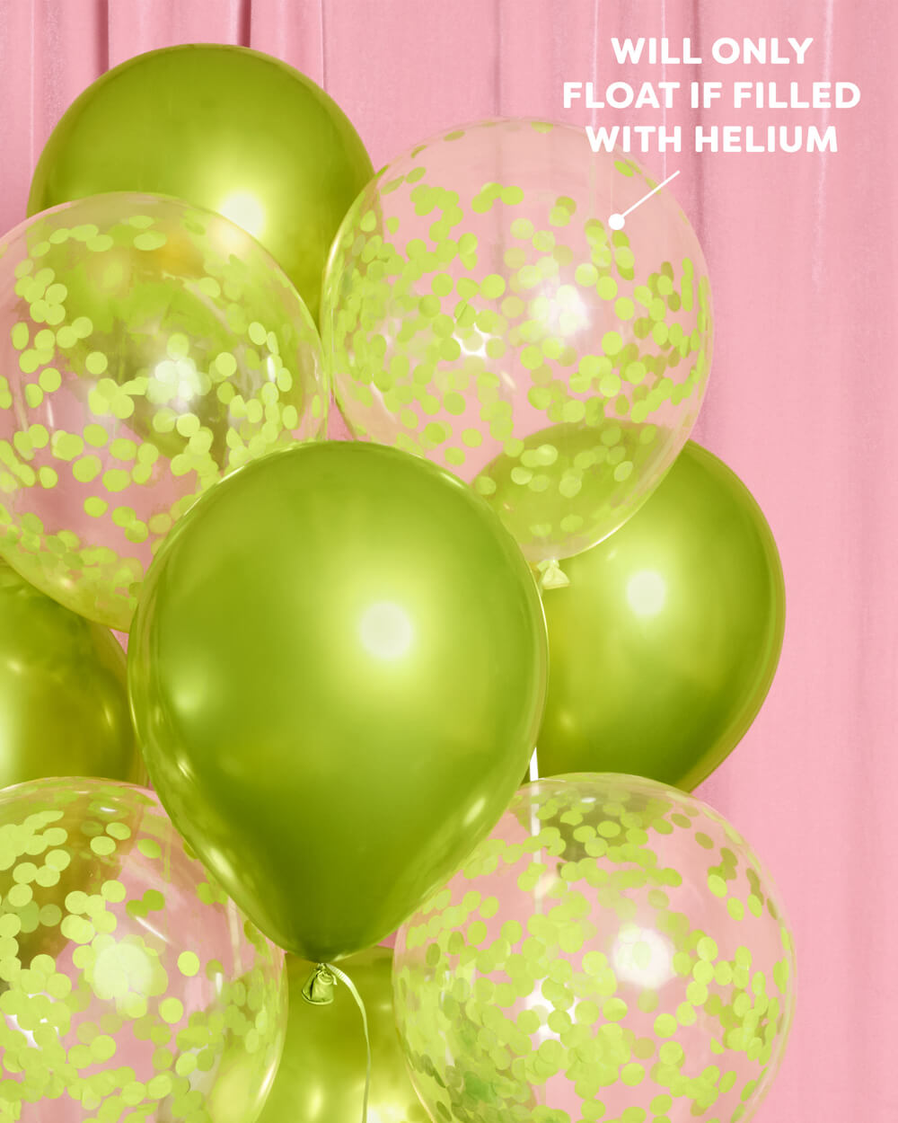 Lime green latex balloon set with metallic green and clear confetti-filled balloons