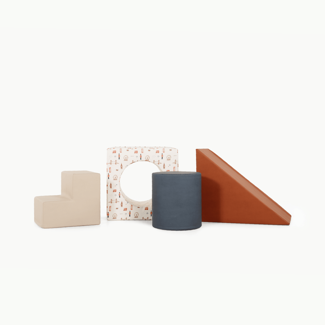 Gathre block playset in the London, Nightfall, Rust, and Millet colorway with foam steps, a cube, and a triangle ramp