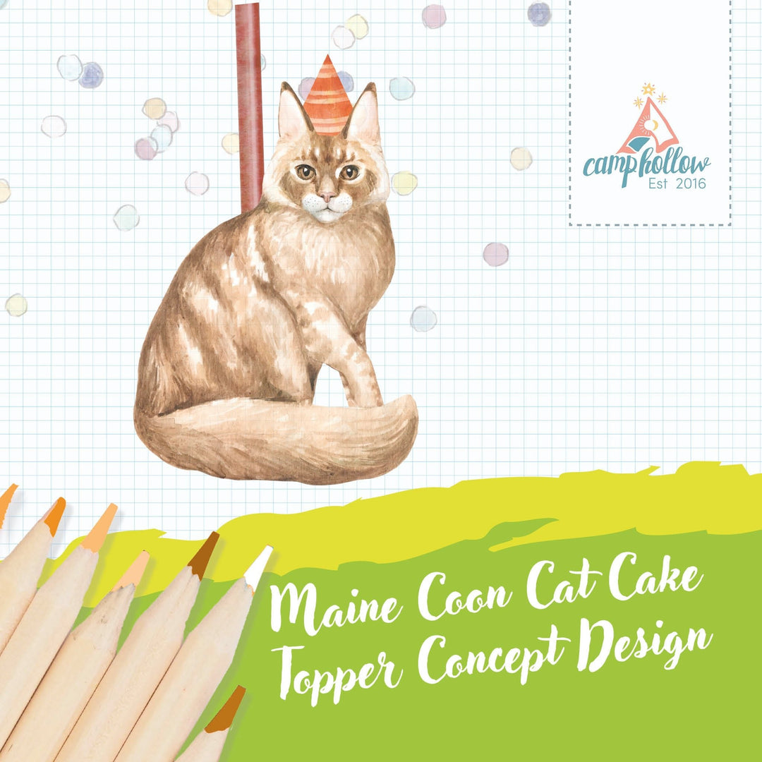 Maine coon cat cake topper watercolor concept illustration showing the cat in a party hat for a birthday cake