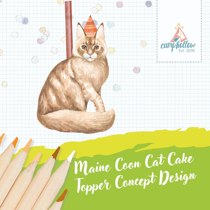 Maine coon cat cake topper watercolor concept illustration showing the cat in a party hat for a birthday cake