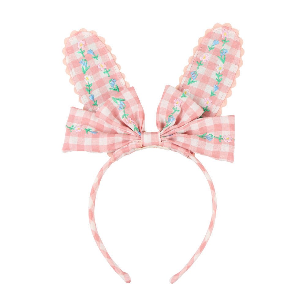 Pink gingham bunny ears headband with floral embroidery, pink ricrac trim and a matching bow.