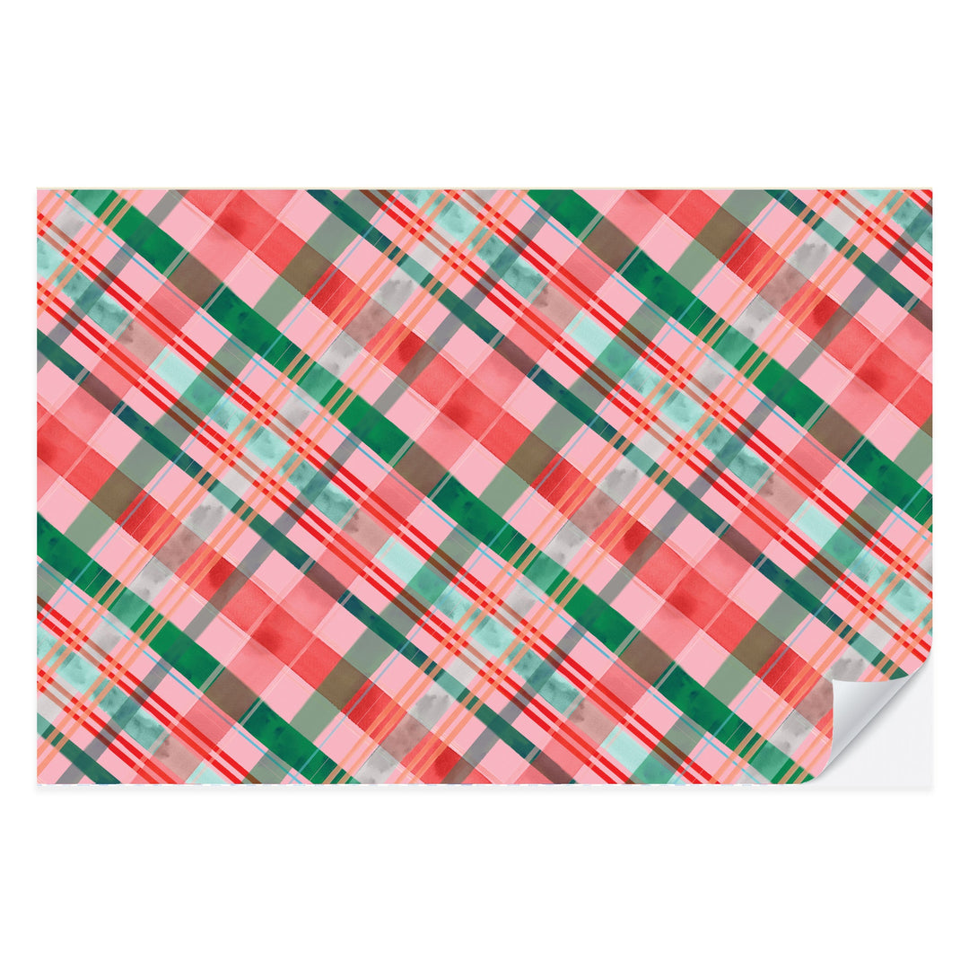 Christmas plaid paper placemat in a watercolor tartan check, from a tear-off pad of 25