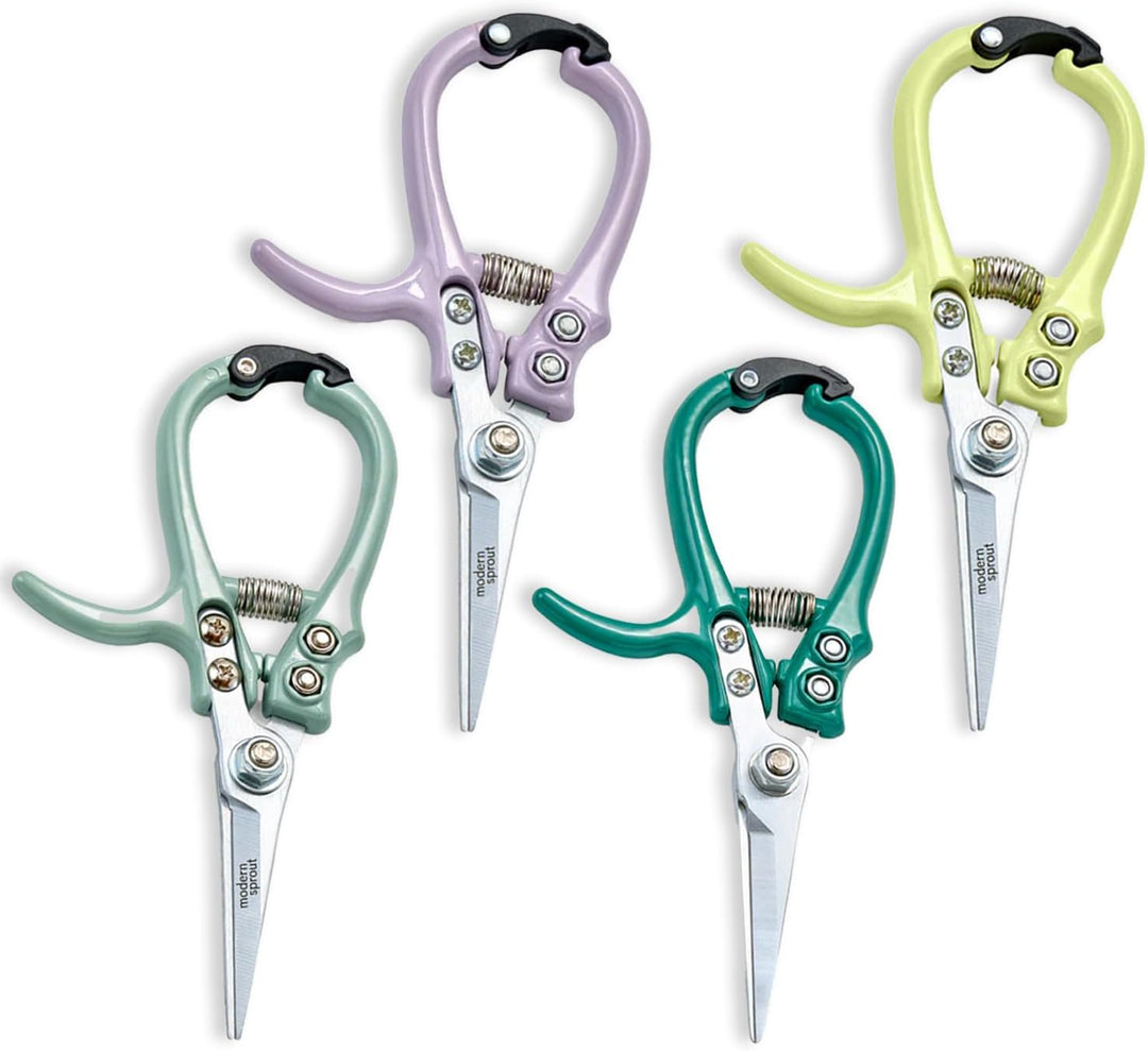 Sage, lavender, ocean green, and chartreuse needle-nose garden shears on white