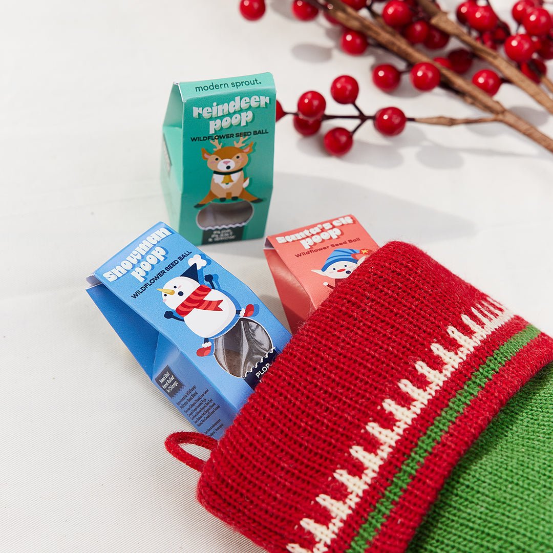Reindeer, snowman, and elf poop seed bomb boxes with a red and green knit Christmas stocking and red berries