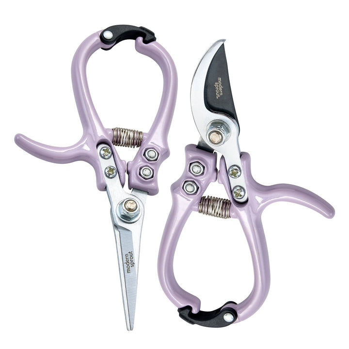 Lavender needle-nose shears and bypass pruners arranged in opposite directions on white
