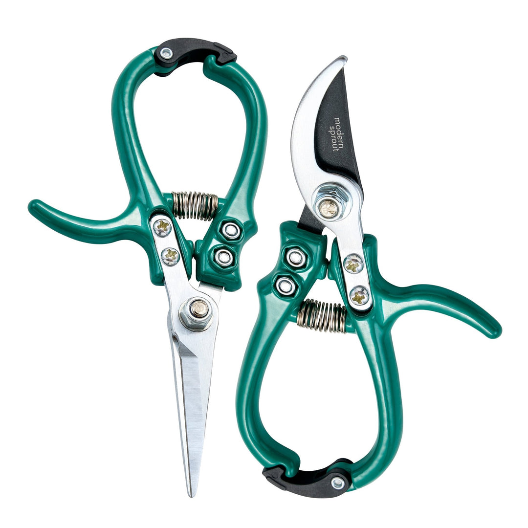Ocean green needle-nose shears and bypass pruners arranged in opposite directions on white