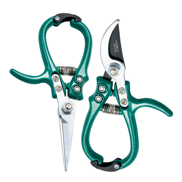 Ocean green needle-nose shears and bypass pruners arranged in opposite directions on white