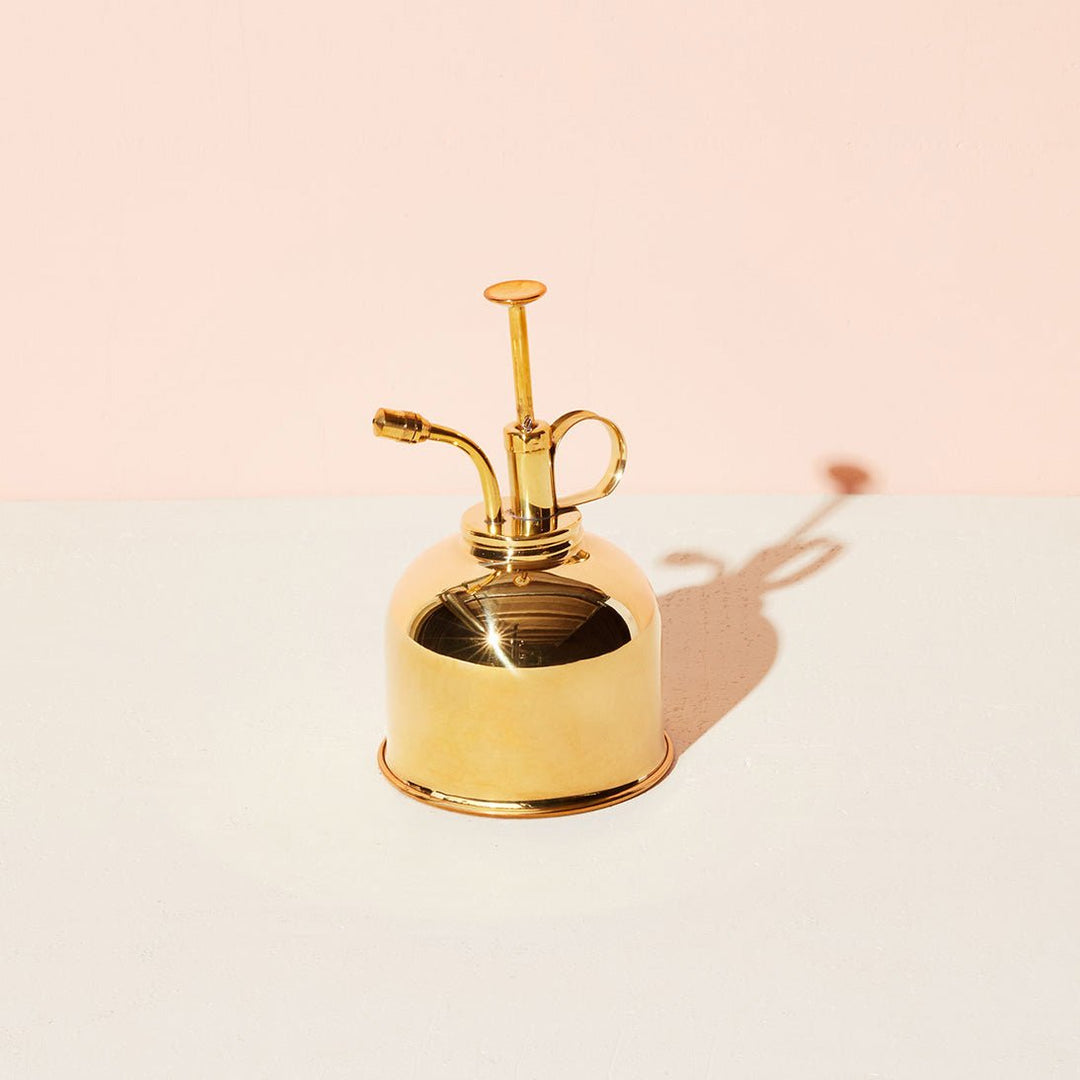 Polished brass plant mister with a curved spout, front view on a blush and white backdrop
