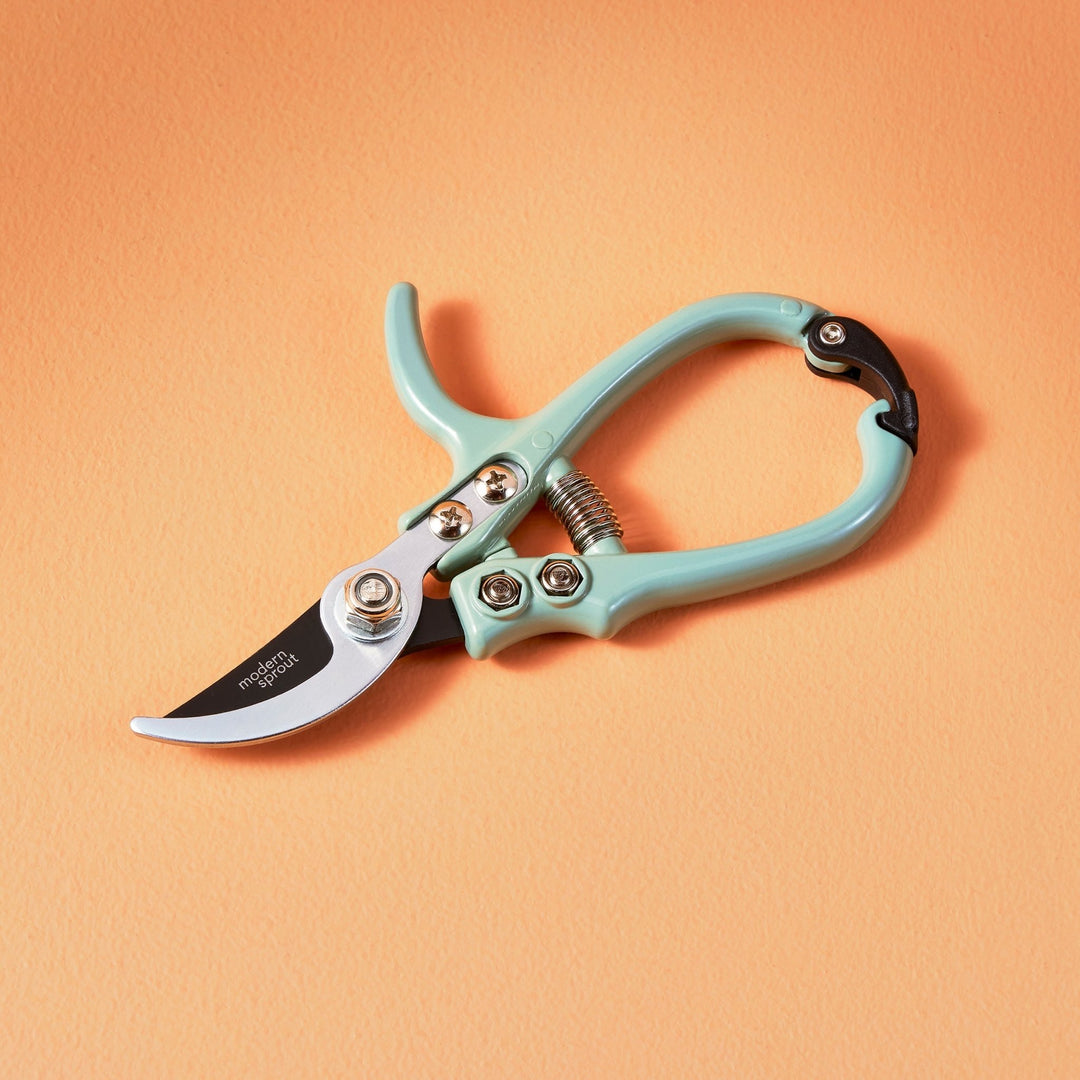 Sage bypass pruners with closed curved blades on an orange backdrop
