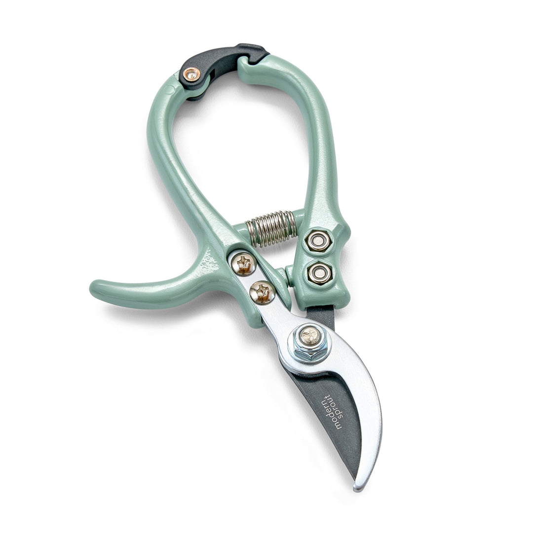 Sage bypass pruners with closed curved blades and a coil spring on white