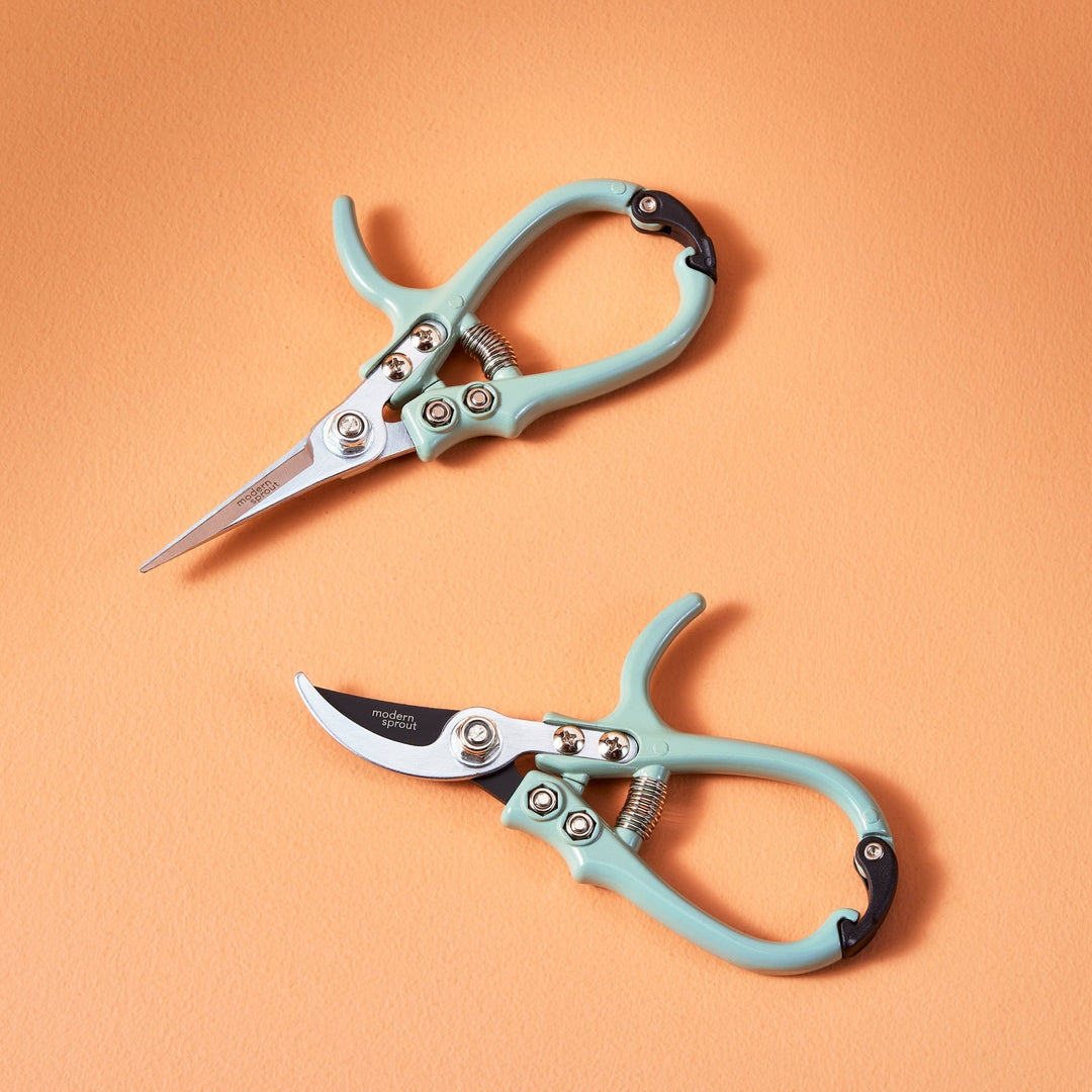 Sage needle-nose shears and bypass pruners on an orange backdrop
