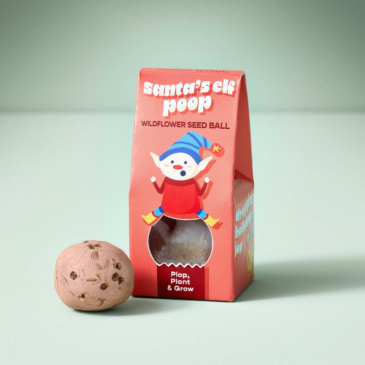 Coral Santa's Elf Poop wildflower seed ball box with a cartoon elf beside a round clay seed ball