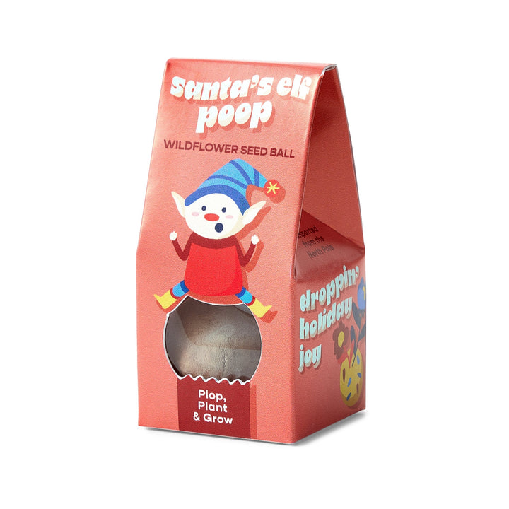 Coral Santa's Elf Poop seed ball box with a cartoon elf in a blue hat, angled view on white