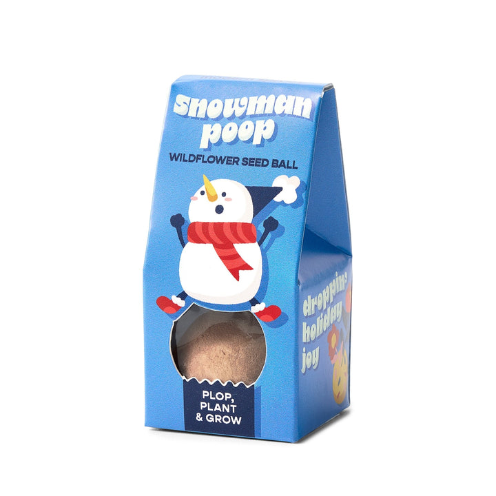 Blue Snowman Poop seed ball box with a cartoon snowman in a red scarf, angled view on white