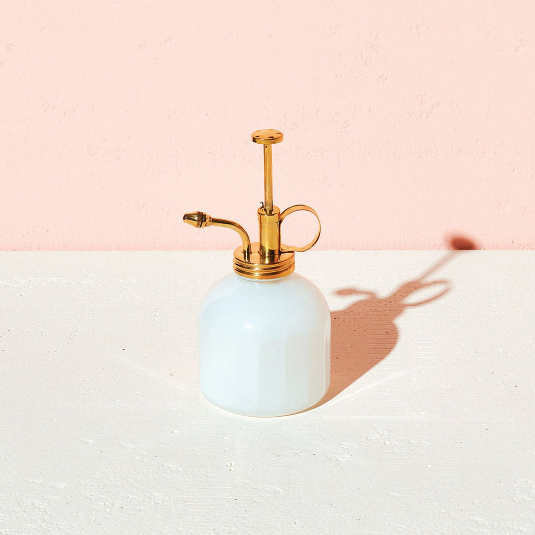 White plant mister with a brass pump and curved nozzle against a soft blush wall