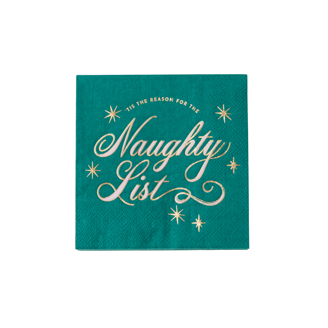 Green Naughty List cocktail napkins for a festive Christmas cocktail party
