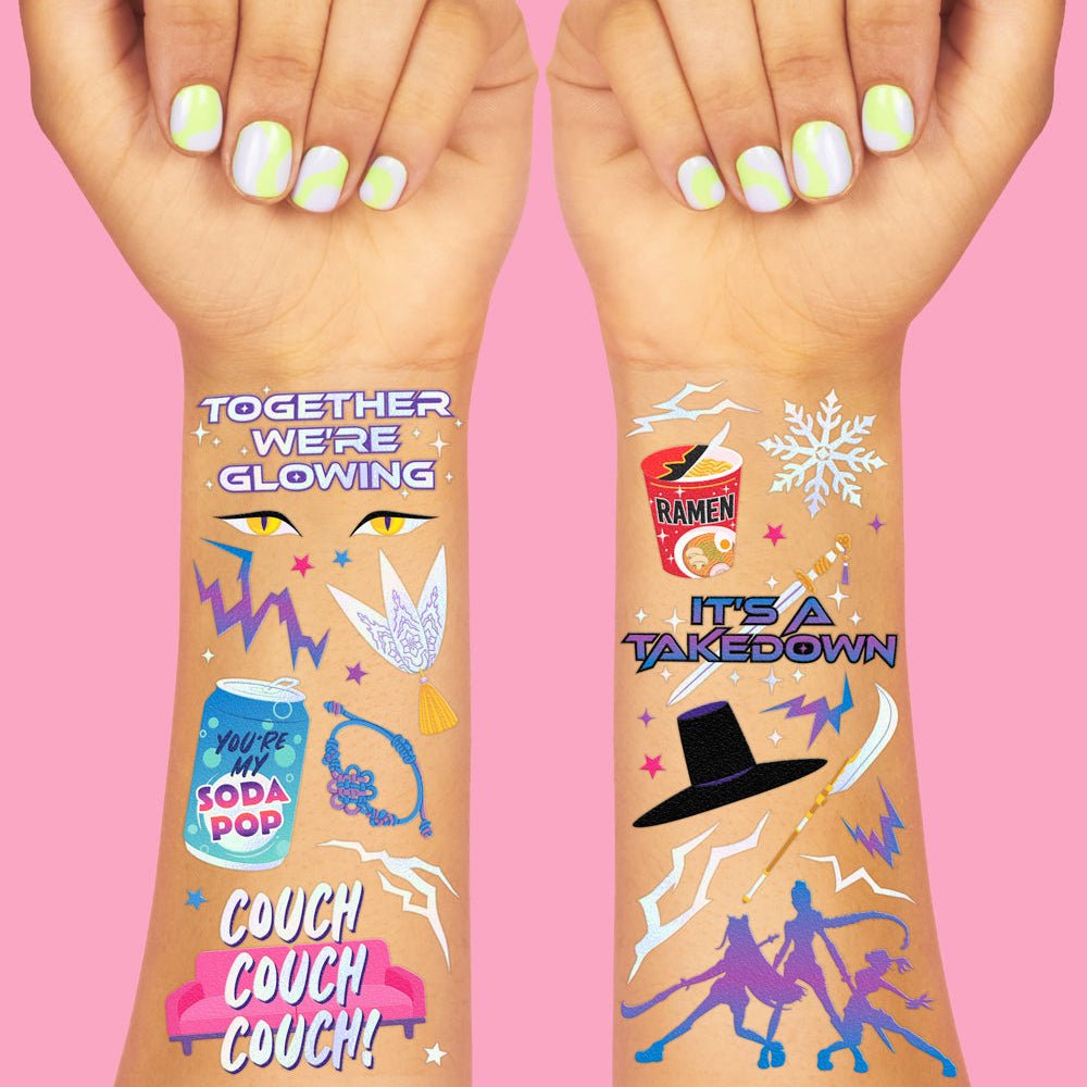 Takedown temporary tattoo set by xo Fetti with warrior silhouettes, ramen, soda, and glowing slogans, two sheets