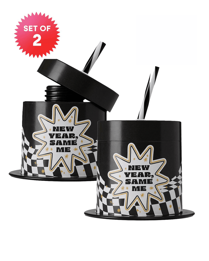 Set of 2 black top hat sipper cups printed New Year, Same Me with striped straws