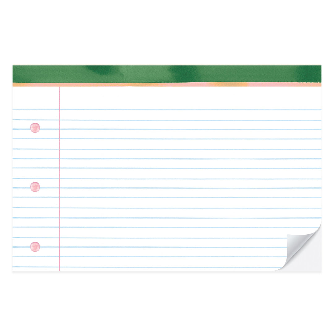 Paper placemat printed to look like ruled notebook paper with a pink margin line and green header stripe