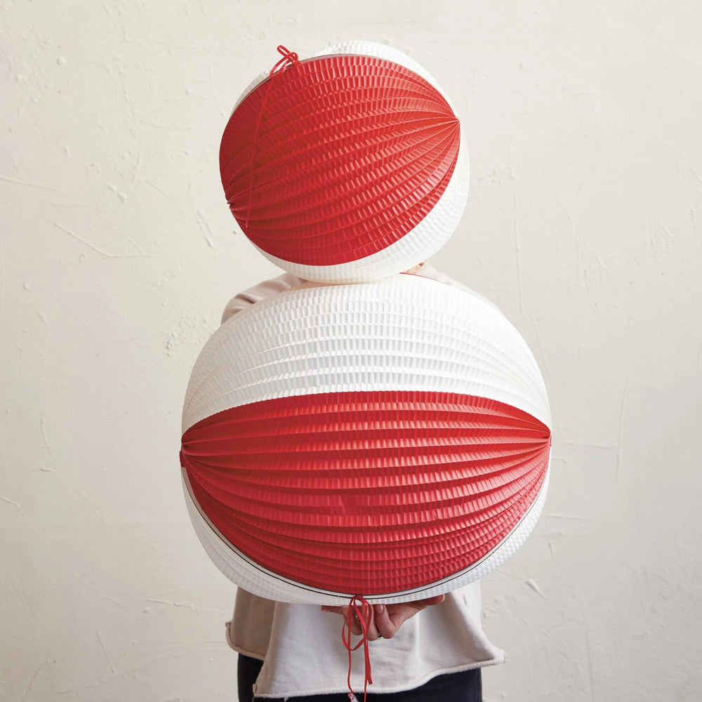 RED & WHITE OVERSIZED PLEATED BALL DECORATION Creative Co-op Christmas Holiday Party Decorations Bonjour Fete - Party Supplies