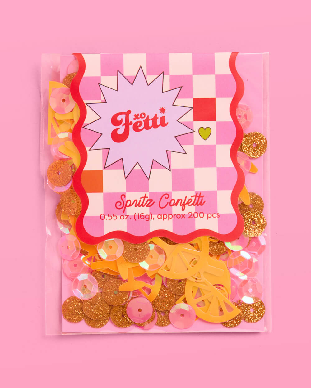 Spritz confetti in its packaging, a clear bag with a pink and orange checkerboard label, about 200 pieces