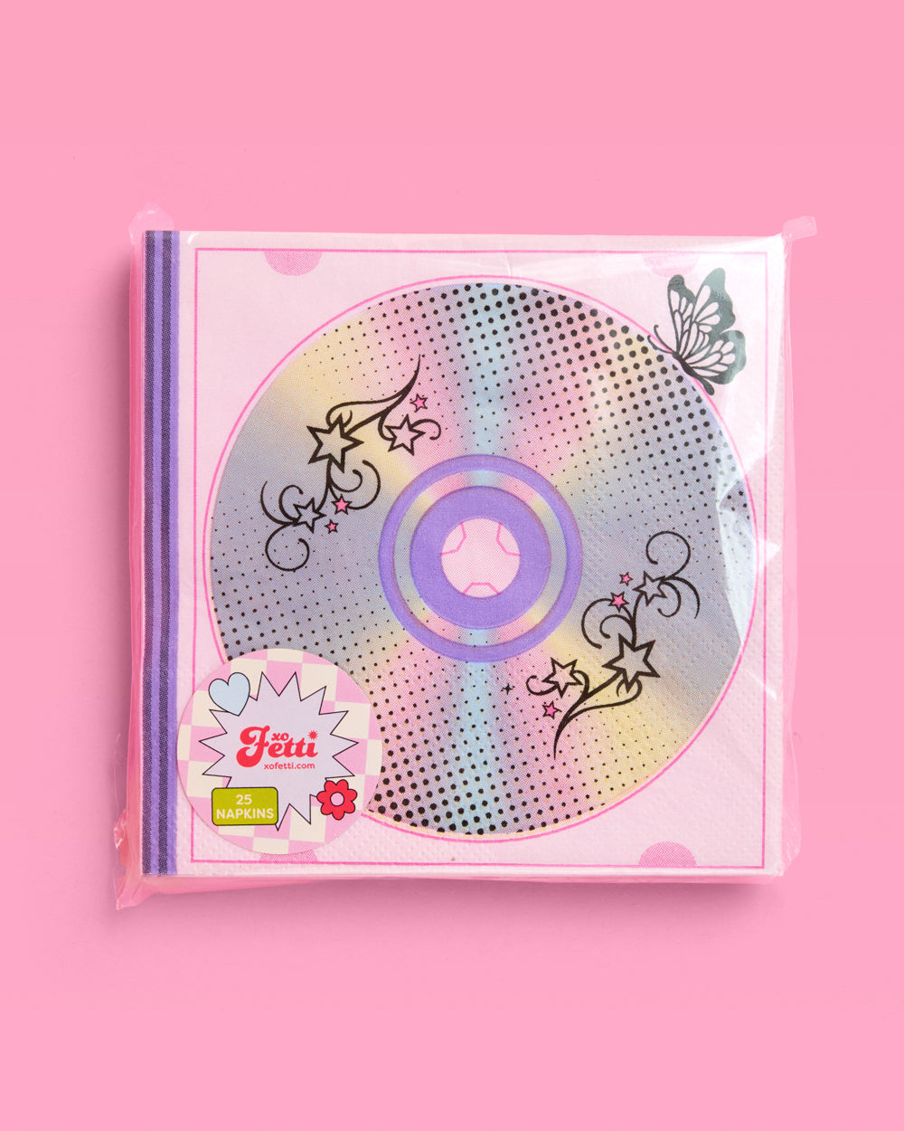Pack of Y2K CD print cocktail napkins in clear retail packaging