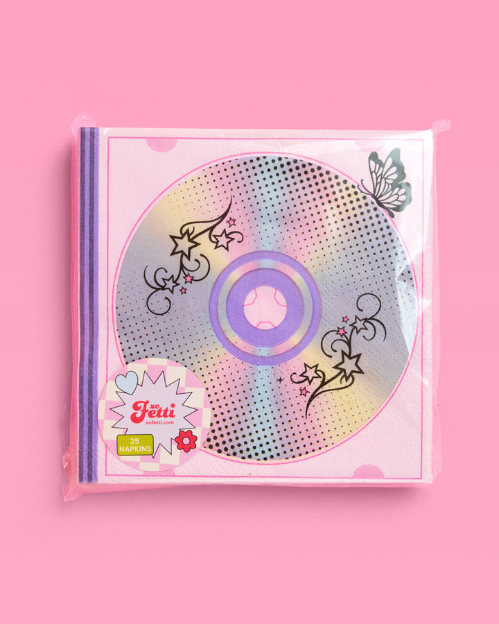 Pack of Y2K CD print cocktail napkins in clear retail packaging