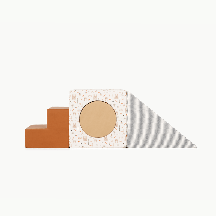 Gathre block playset in the Paris, Wheat, Stone Stripe, and Ginger colorway with foam steps, a cube, and a triangle ramp