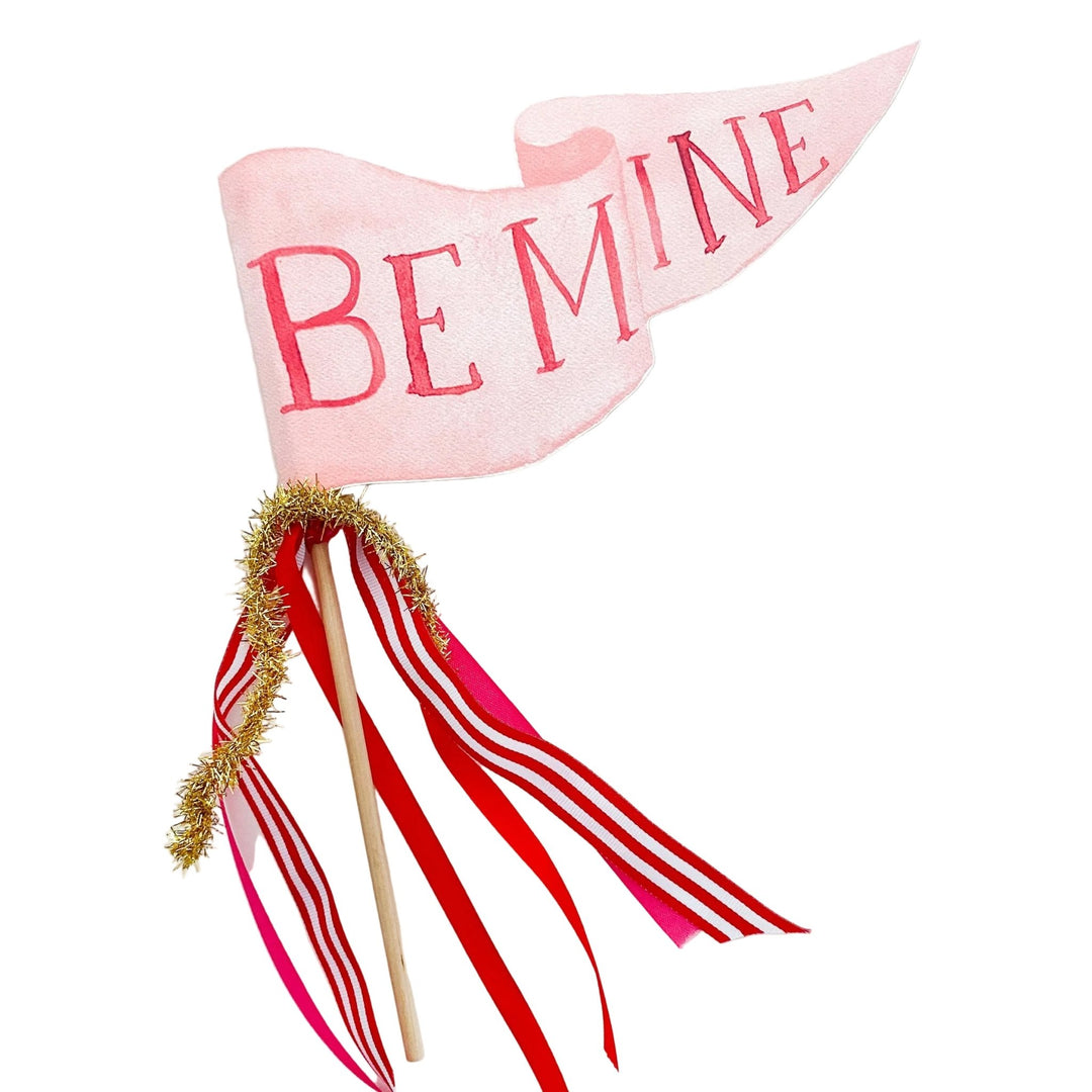 Pink Be Mine pennant flag on a wood dowel with red-striped, red, and pink ribbons and gold tinsel