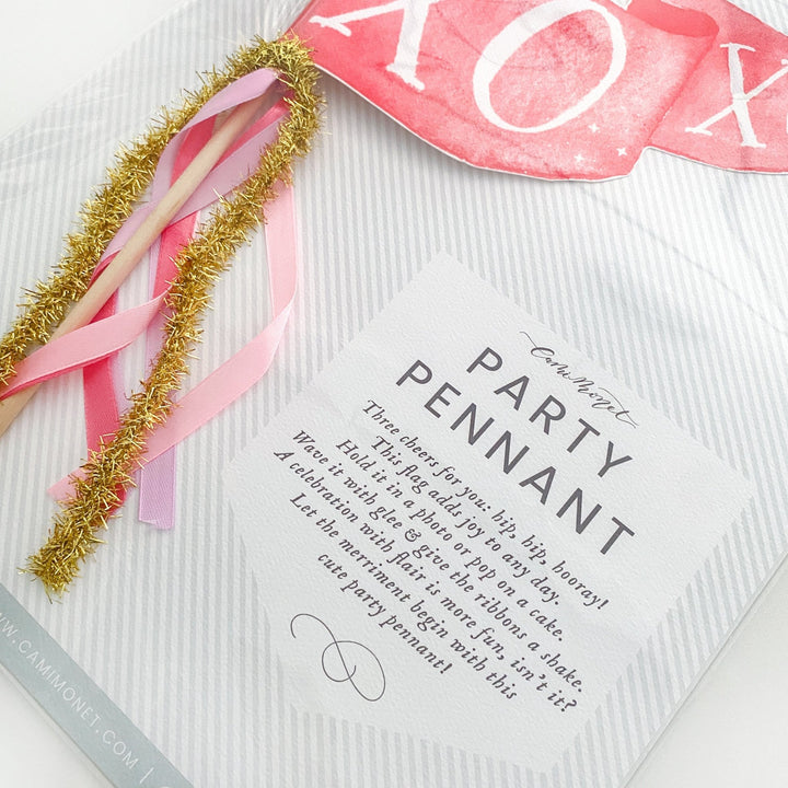 Pink watercolor party pennant packaged in a cello sleeve with a printed poem backer card