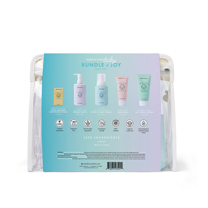Back of the Bundle of Joy pouch showing product icons, details, and a barcode