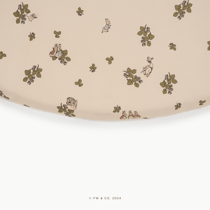 Close-up of the Peter Rabbit print padded play mat with Beatrix Potter characters and blackberry branches on cream
