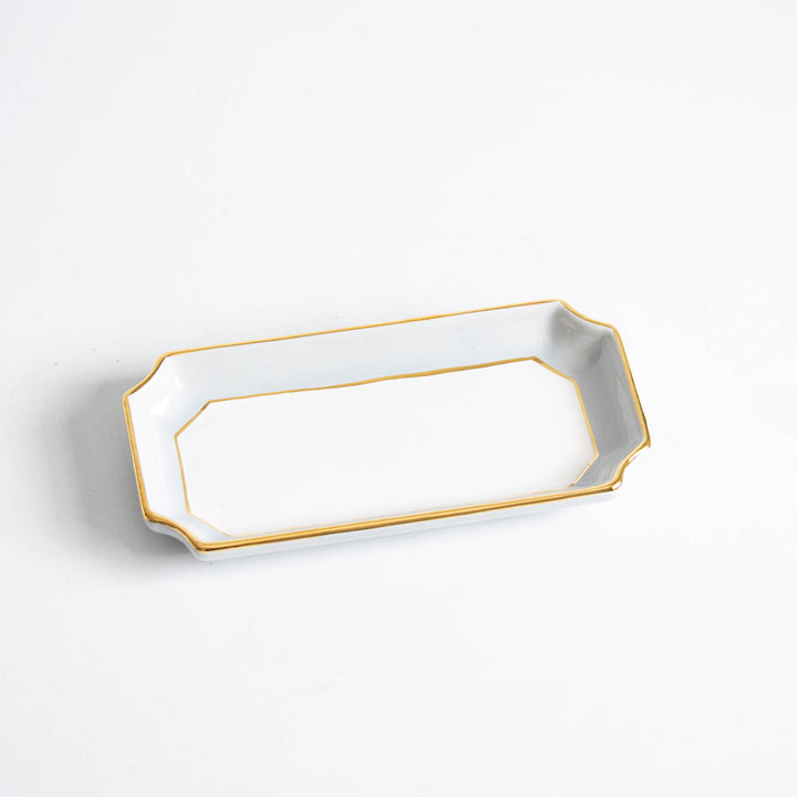 Light gray two tone petite valet tray with a gold rim, angled view on white, an everyday birthday gift