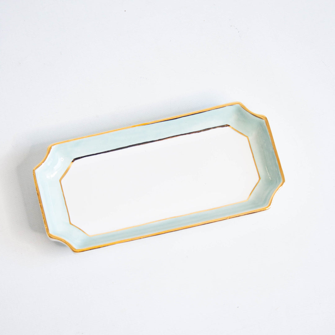 Aquamarine two tone petite valet tray with a gold rim, overhead view on white, a pretty bridesmaid gift
