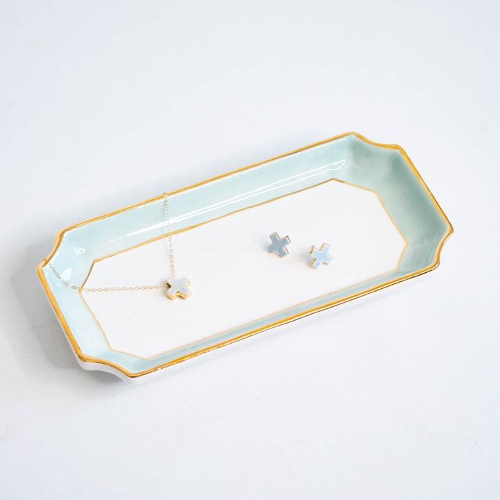 Aquamarine petite valet tray holding a delicate necklace and star earrings, styled for a bridal shower gift