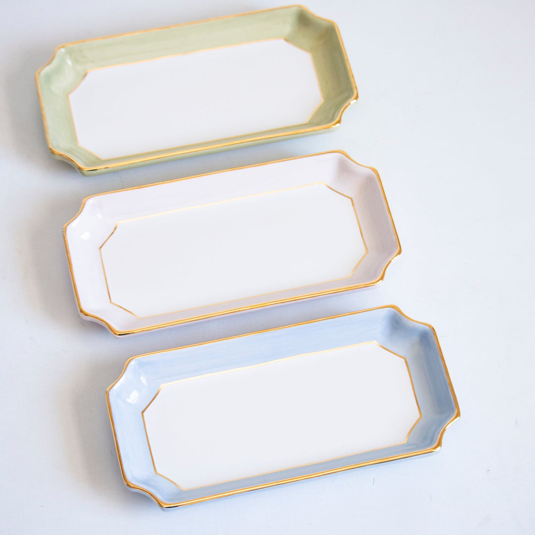 Sage, blush, and French blue petite valet trays stacked in a row to compare colors, for gifting