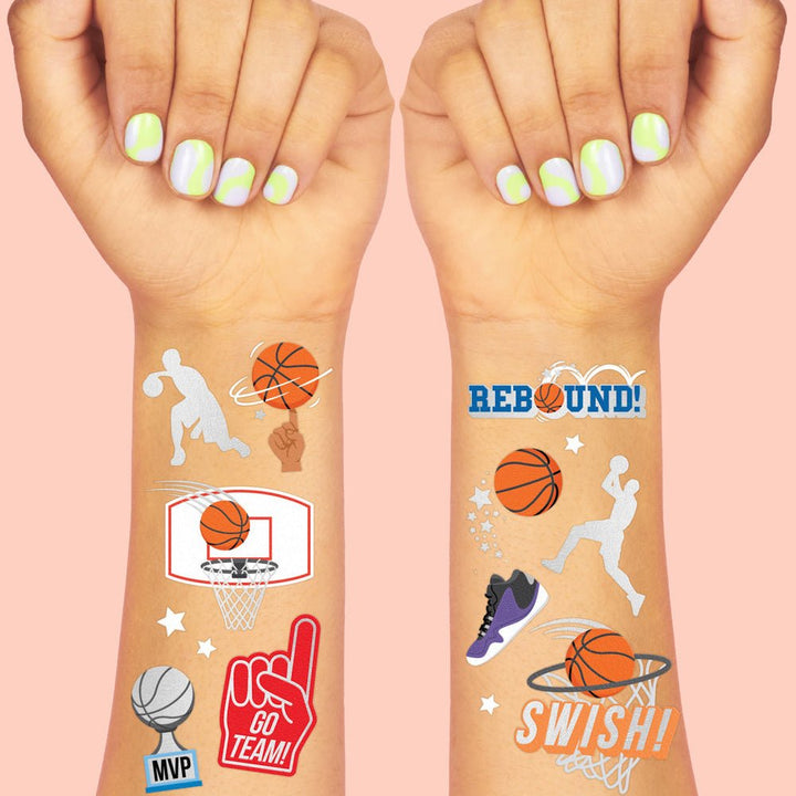 Basketball temporary tattoo sheet by xo Fetti with basketballs, hoops, and Slam Dunk and Swish slogans