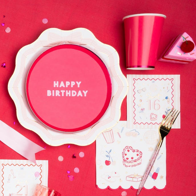 HAUTE PINK SIGNATURE HAPPY BIRTHDAY SMALL PLATES Bonjour Fete Plates HAUTE PINK SIGNATURE HAPPY BIRTHDAY SMALL PLATES Bonjour Fete - Party Supplies